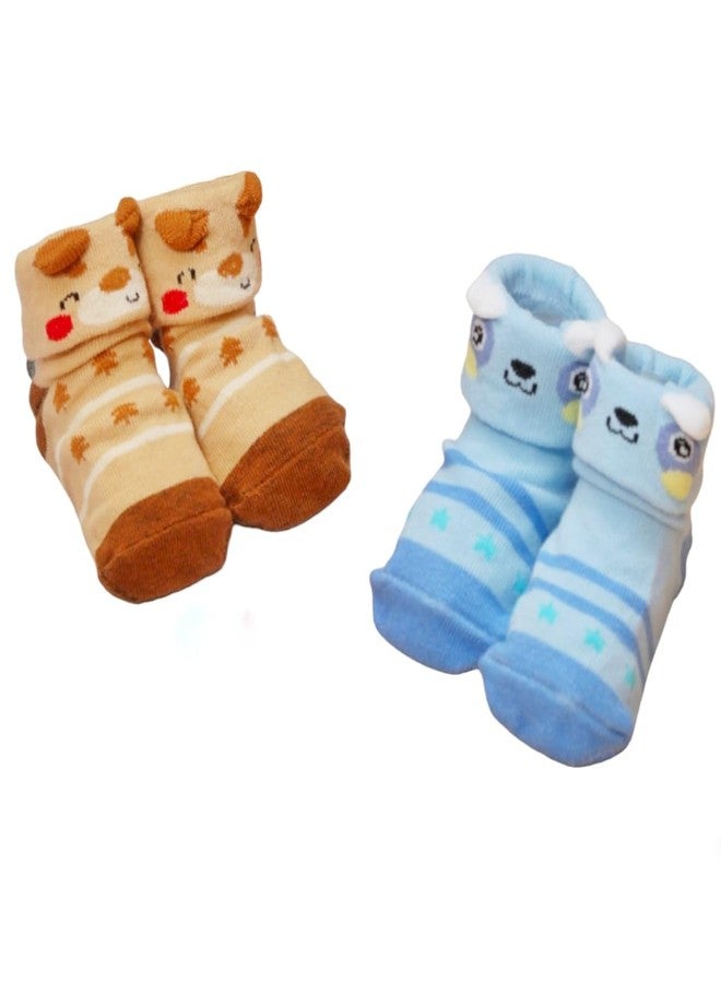 Yellow Bee Bear and Deer Print Anti-Skid Socks for Boys- Pack of 2, Blue and Brown, 6-12 Months - Image 1
