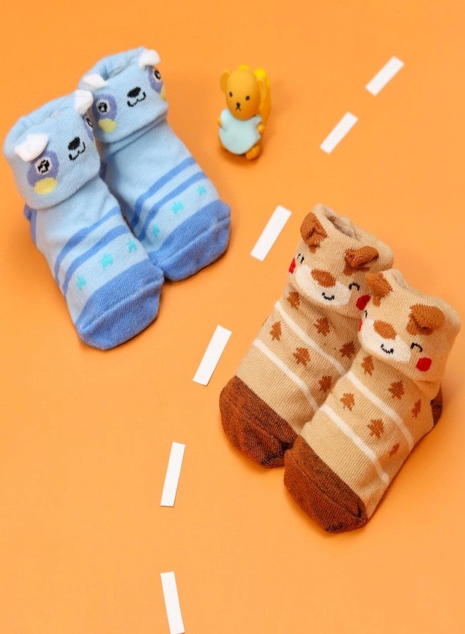 Yellow Bee Bear and Deer Print Anti-Skid Socks for Boys- Pack of 2, Blue and Brown, 6-12 Months - Image 2