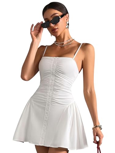 HTZMO Women Summer Casual Square Neck Mini Dress Corset Ruffle Ruched A Line Cute Going Out Party Short Sundress White M - Image 1