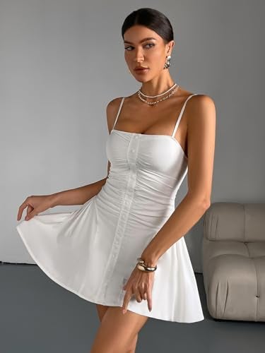 HTZMO Women Summer Casual Square Neck Mini Dress Corset Ruffle Ruched A Line Cute Going Out Party Short Sundress White M - Image 2