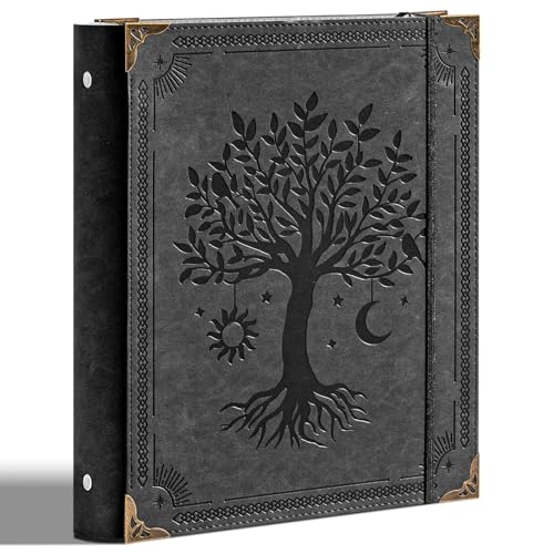 Ovesmusl PU Leather 3 Ring Binder 1 Inch Round Ring Binder Holds 200 Sheets 8.5"x11" Letter Size Paper, Wedding Family History Notebook Cover Loose Leaf Organizer, Black Tree - Image 1