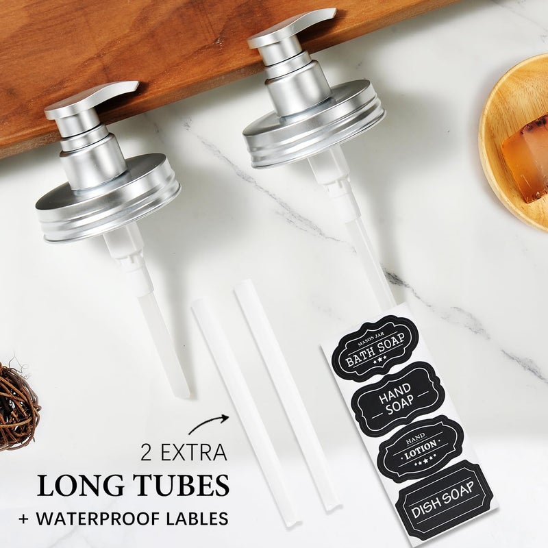 Amolliar Plastic Mason Jar Soap Dispenser Lids - Universal Pump Replacement For Regular Mouth Jar Farmhouse Decor For Kitchen  Bathroom  Dish Soap  Lotions  Hand Soap (2 Pack  Silver) - Image 4