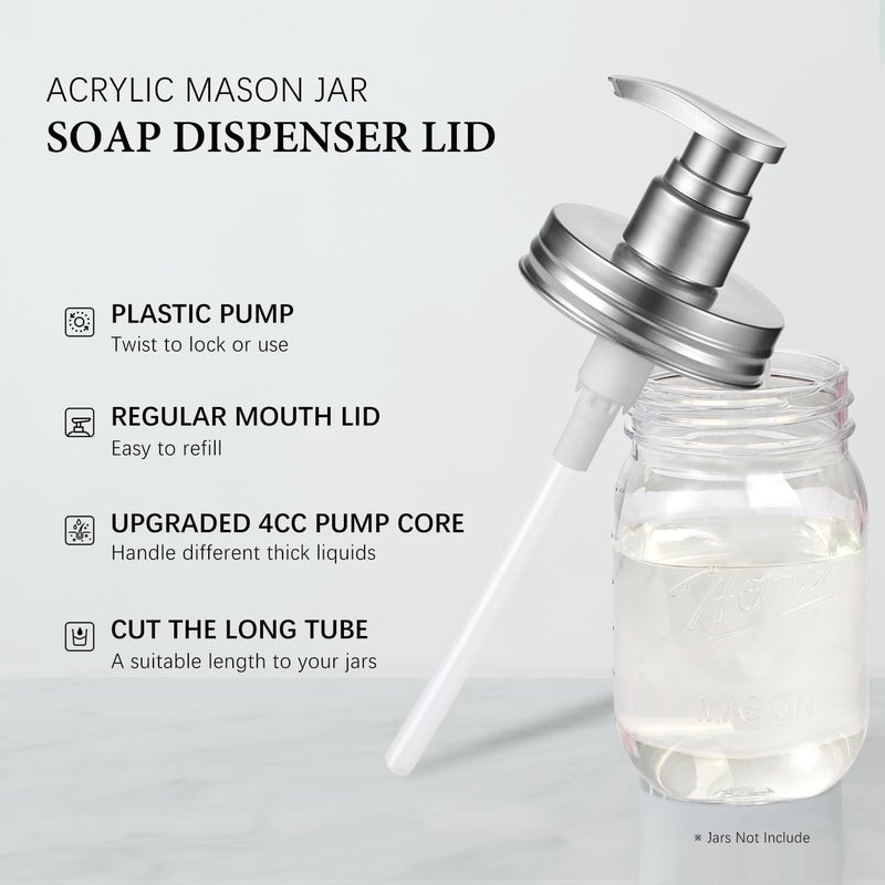 Amolliar Plastic Mason Jar Soap Dispenser Lids - Universal Pump Replacement For Regular Mouth Jar Farmhouse Decor For Kitchen  Bathroom  Dish Soap  Lotions  Hand Soap (2 Pack  Silver) - Image 2