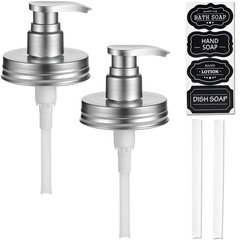 Amolliar Plastic Mason Jar Soap Dispenser Lids - Universal Pump Replacement For Regular Mouth Jar Farmhouse Decor For Kitchen  Bathroom  Dish Soap  Lotions  Hand Soap (2 Pack  Silver) - Image 1