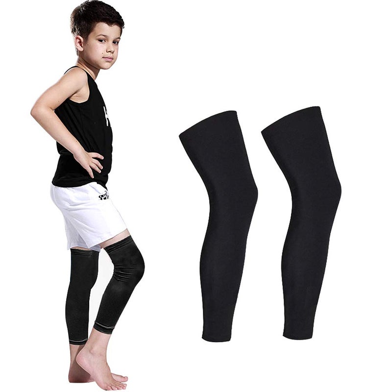 Luwint Long Leg Sleeves for Kids Comfortable Non-Slip UV Protection Thigh Calf Brace Support for Basketball Running Cycling, 1 Pair (Black S) - Image 1
