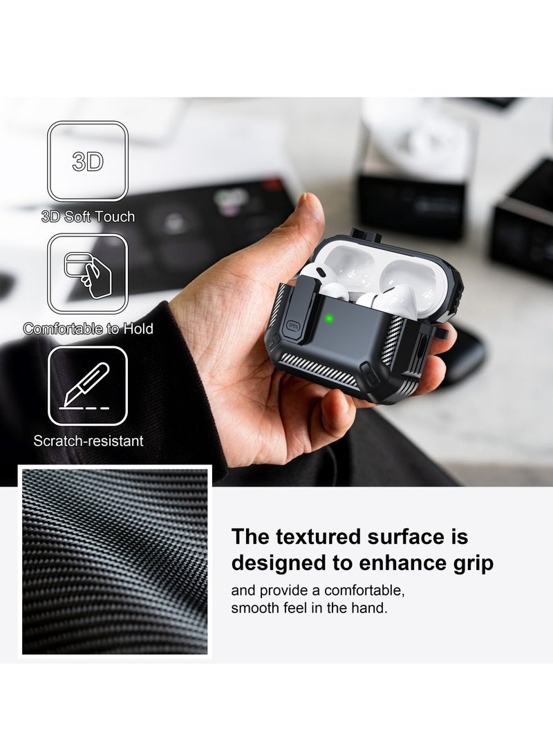Rugged Armor Case for AirPods Pro 2 with Lock  Cleaning Kit，Shockproof Protective Cover for Men  Women (Black) - Image 2