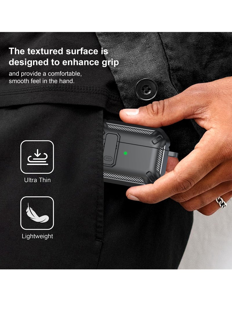 Rugged Armor Case for AirPods Pro 2 with Lock  Cleaning Kit，Shockproof Protective Cover for Men  Women (Black) - Image 4