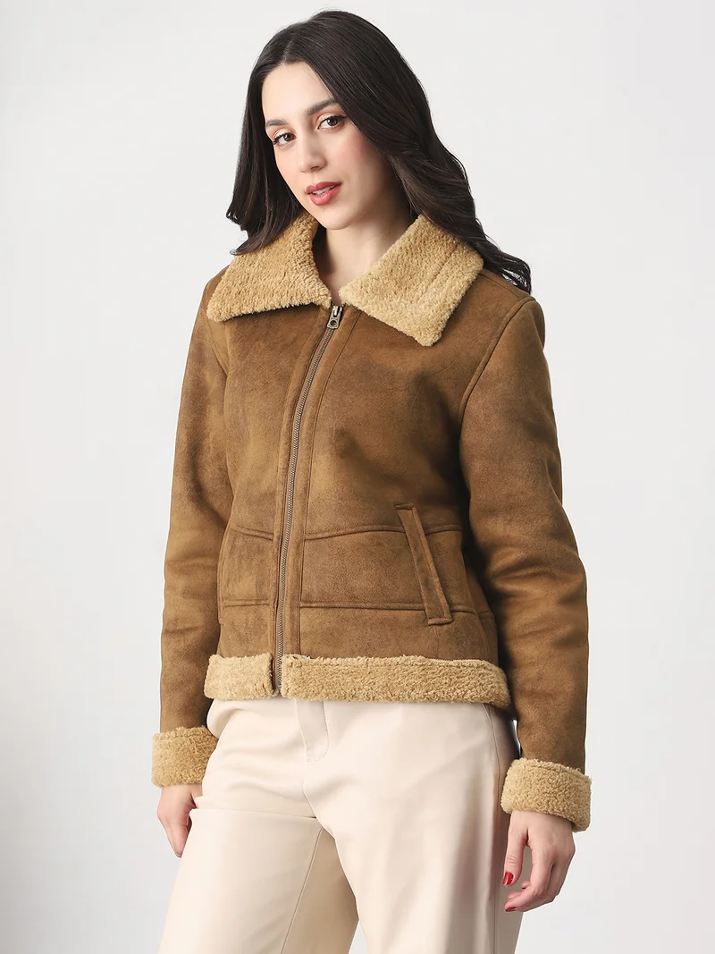 globus Globus Women Tan Faux Fur Spread Collar Front Zip 2 Pockets Suede Winterwear Jacket