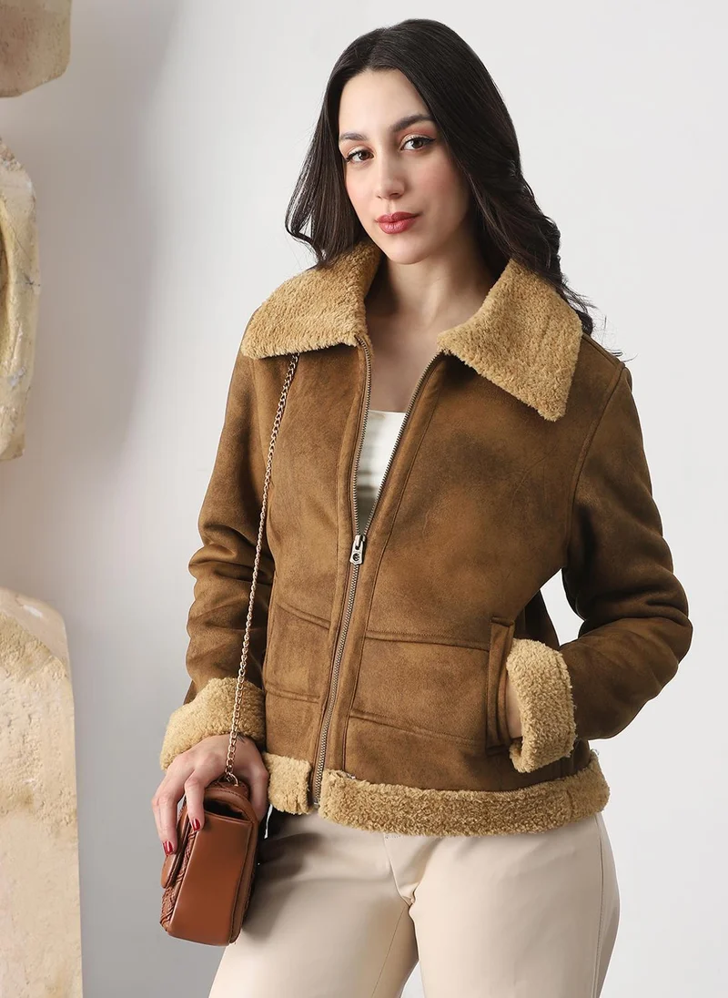 Globus Globus Women Tan Faux Fur Spread Collar Front Zip 2 Pockets Suede Winterwear Jacket