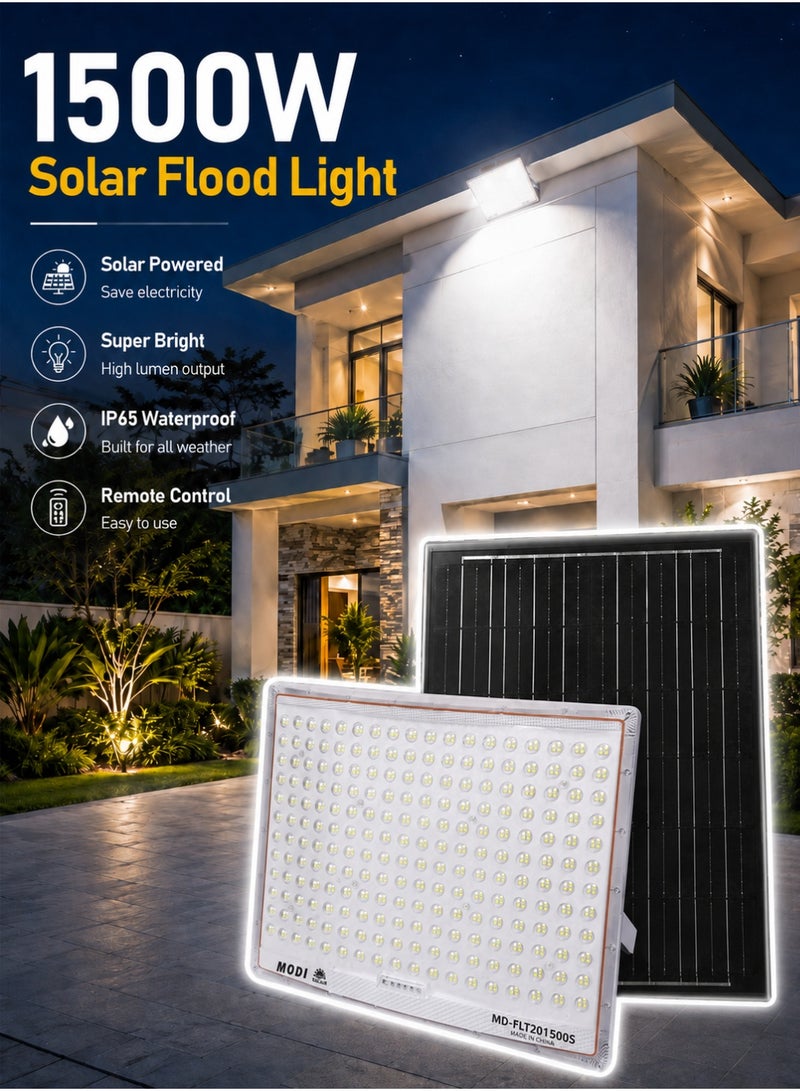 MODI Solar Flood Light Outdoor 1500W, 4M Cable Length, LED Security Lamp with Remote & Timer, 6500K Cool White, Wall Yard Garden Lighting - Image 1