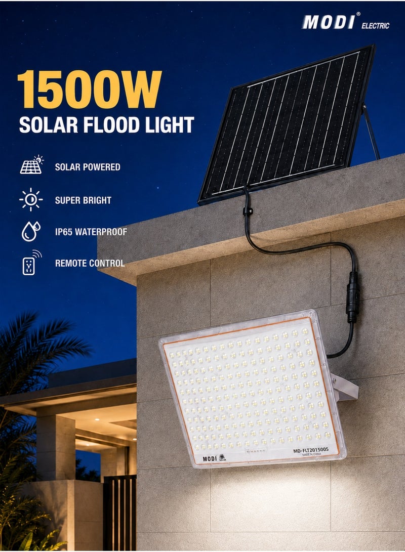 MODI Solar Flood Light Outdoor 1500W, 4M Cable Length, LED Security Lamp with Remote & Timer, 6500K Cool White, Wall Yard Garden Lighting - Image 1