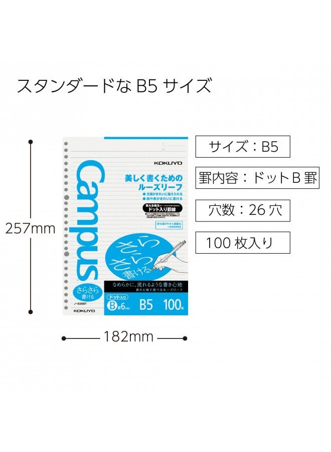 Kokuyo ورق كوكيو كامبوس القابل للفصل للمجلدات، كتابة سلسة، B5، 6 مم مخطط منقط، 26 ثقب، 36 سطر، 100 ورقة، محايد الرقم الهيدروجيني، مقاوم للتسرب، 75 جرام/متر مربع، استيراد من اليابان (رقم-836Btn) - Image 1