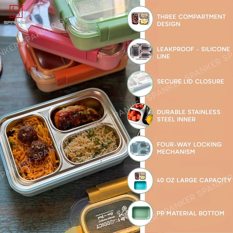 Spanker 800ML Stainless Steel Insulation Portable BPA Free LeakProof 3 Grid Capacity Lunch Box Bento Box for Kid Adult Student Children Orange - Image 2