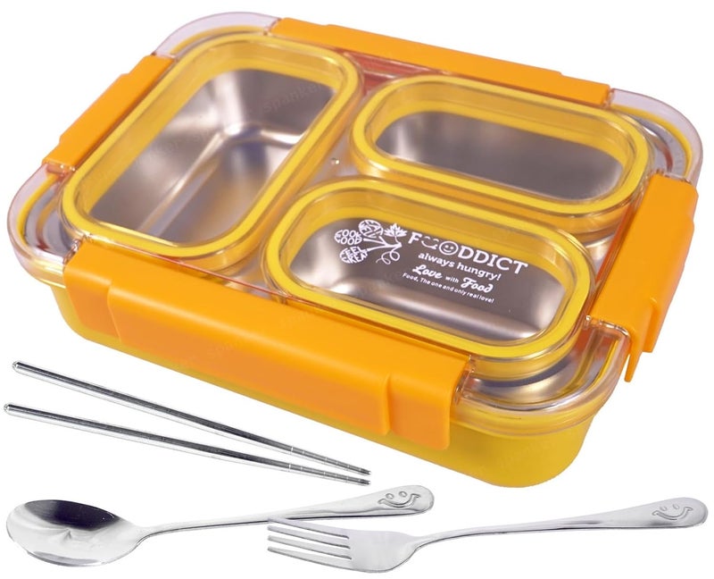 Spanker 800ML Stainless Steel Insulation Portable BPA Free LeakProof 3 Grid Capacity Lunch Box Bento Box for Kid Adult Student Children Orange - Image 1