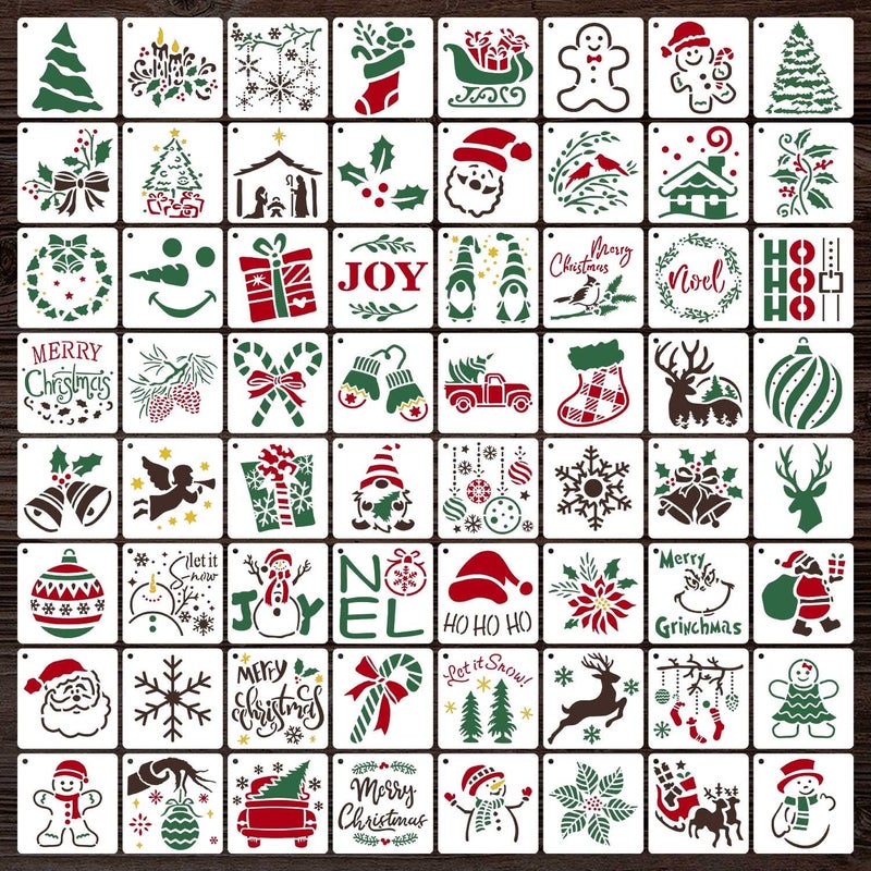 64Pcs Small Christmas Stencils 3X3 Inch Reusable Craft Stencil for Painting on Wood Fabric Paper Windows DIY Christmas Ornaments Cards Decorations