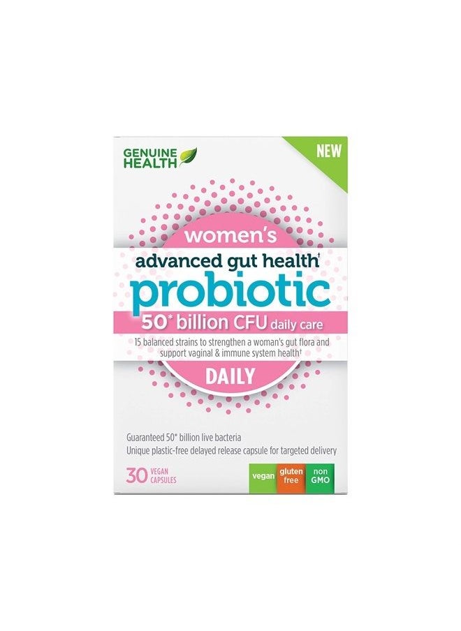 Genuine Health Daily Probiotics for Women, 50 Billion CFU, 15 Diverse Strains, Non GMO, Dairy Free, Gluten Free, Soy Free, Vegan Delayed-Release Capsules, for Advanced Gut Health, 30 Count  - Image 1