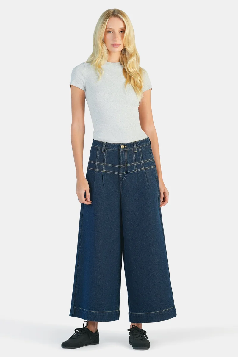 Virgio Solid Cotton Denim Pants With Seam Detail for Women