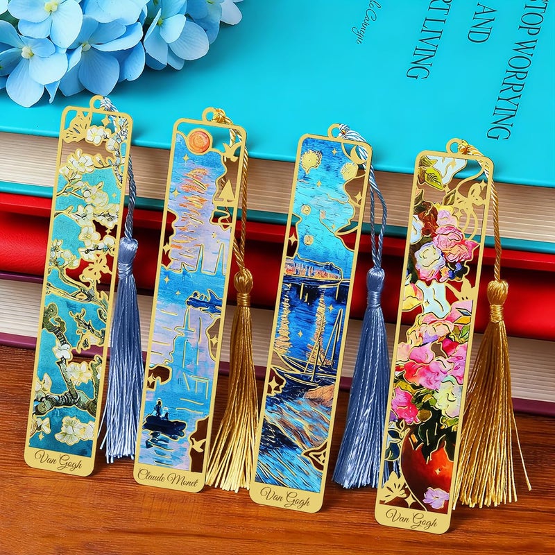 Kinsound Updated 4Pcs Metal Bookmarks With Tassel  Golden Van Gogh Monet Oil Painting Theme Cute Book Markers For Reading Women  Book Lovers  Reading Accessories Gifts For Book Lovers - Image 1