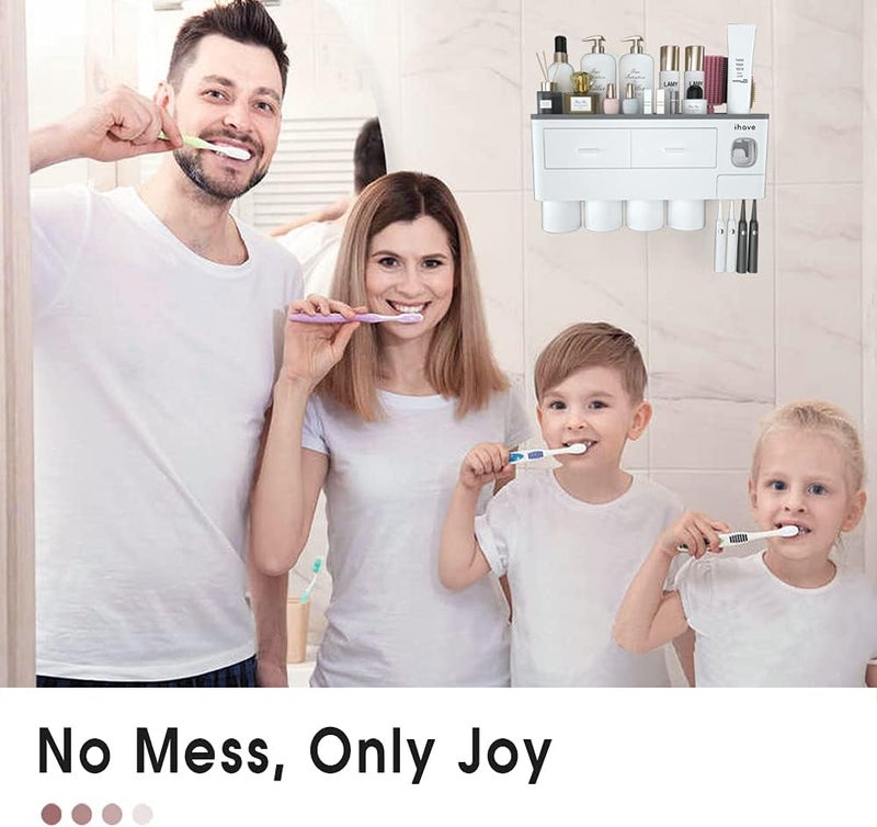 iHave Toothbrush Holders for Bathrooms, 4 Cups Toothbrush Holder Wall Mounted with Toothpaste Dispenser - Large Capacity Tray, 2 Cosmetic Drawer - Bathroom Organizer & Bathroom Accessories Set - Image 5