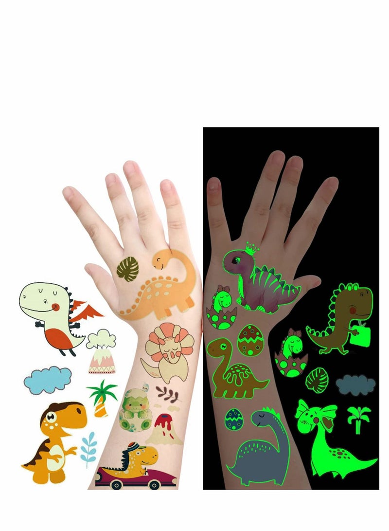 SYOSI Luminous Tattoos for Kids, Dinosaur Temporary Tattoos for Kids, 12 Sheets Glow Dinosaur Fake Tattoos Gifts Party Decorations for Children, Dinosaur Theme Party Tattoo Stickers for Girls Boys - Image 1