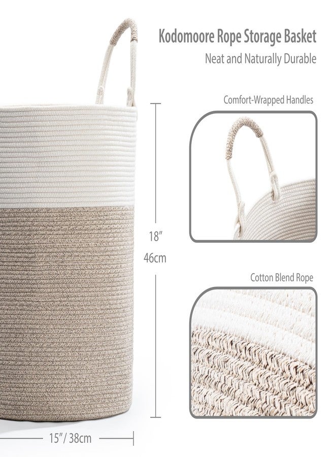 Kodomoore Cotton Rope Basket, 15”D x 18”H - Large/Tall Woven Hamper for Nursery, Laundry, Toys, Clothes, Linen, Yoga Mat - Storage Bin for Living Room, Bedroom, Boho Décor - White & Beige Brown - Image 3
