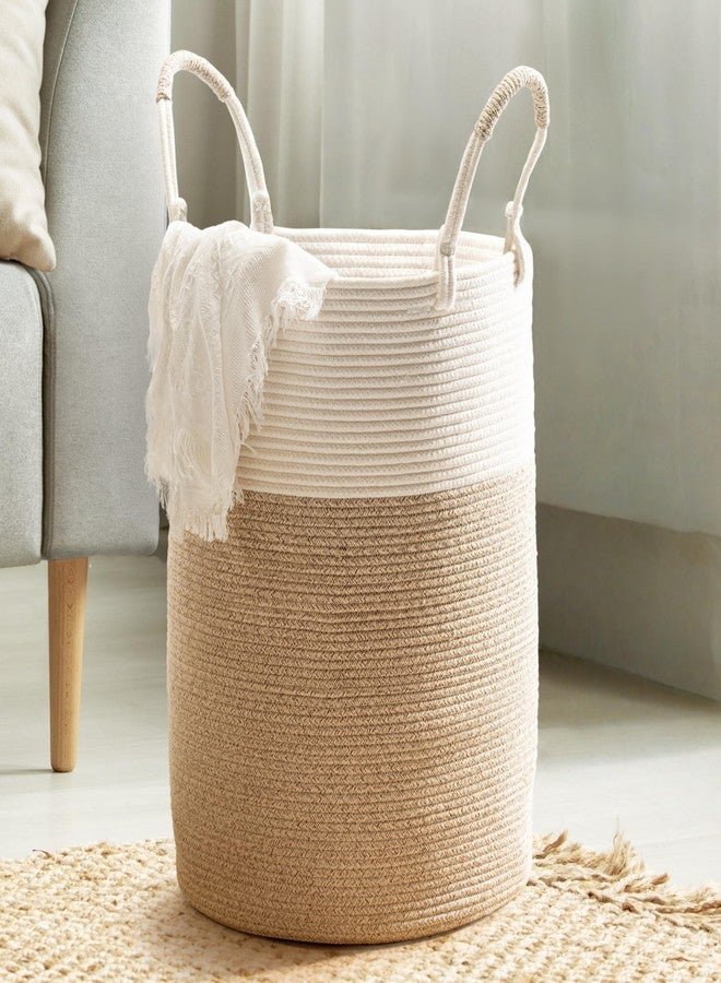 Kodomoore Cotton Rope Basket, 15”D x 18”H - Large/Tall Woven Hamper for Nursery, Laundry, Toys, Clothes, Linen, Yoga Mat - Storage Bin for Living Room, Bedroom, Boho Décor - White & Beige Brown - Image 1