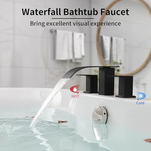 RUMOSE Matte Black Roman Bathtub Faucet Set Waterfall Tub Faucets High Flow Widespread 6-16 Inch 3 Holes Deck Mount Tub Filler 2 Handles Bathtub Filler Soaking Bath Faucet - Image 5