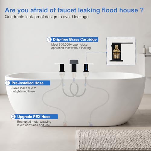 RUMOSE Matte Black Roman Bathtub Faucet Set Waterfall Tub Faucets High Flow Widespread 6-16 Inch 3 Holes Deck Mount Tub Filler 2 Handles Bathtub Filler Soaking Bath Faucet - Image 3