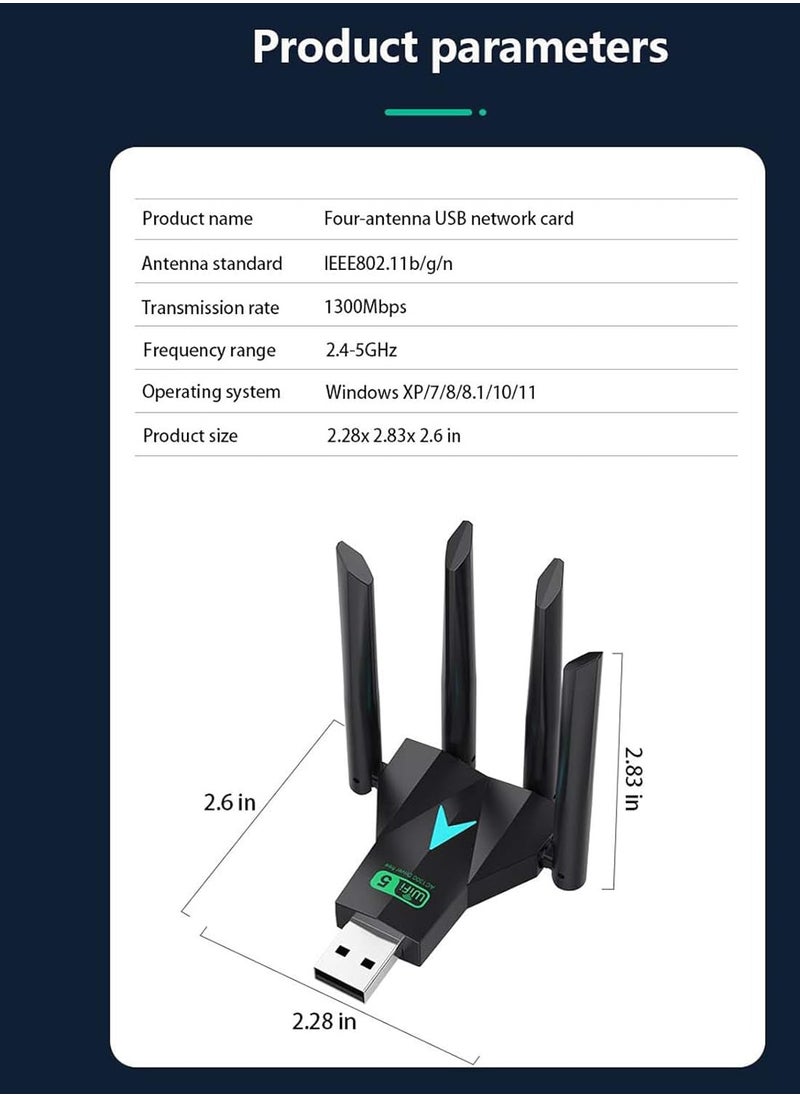Generic AC1300 USB WiFi Adapter, Suitable for PC Desktop 2.4G/5G Dual Band 1300M Wireless Network Adapter, WiFi dongle, Supporting Windows 11/10/8.1/8/7/XP/Mac  - Image 2
