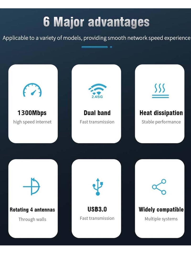 Generic AC1300 USB WiFi Adapter, Suitable for PC Desktop 2.4G/5G Dual Band 1300M Wireless Network Adapter, WiFi dongle, Supporting Windows 11/10/8.1/8/7/XP/Mac  - Image 5