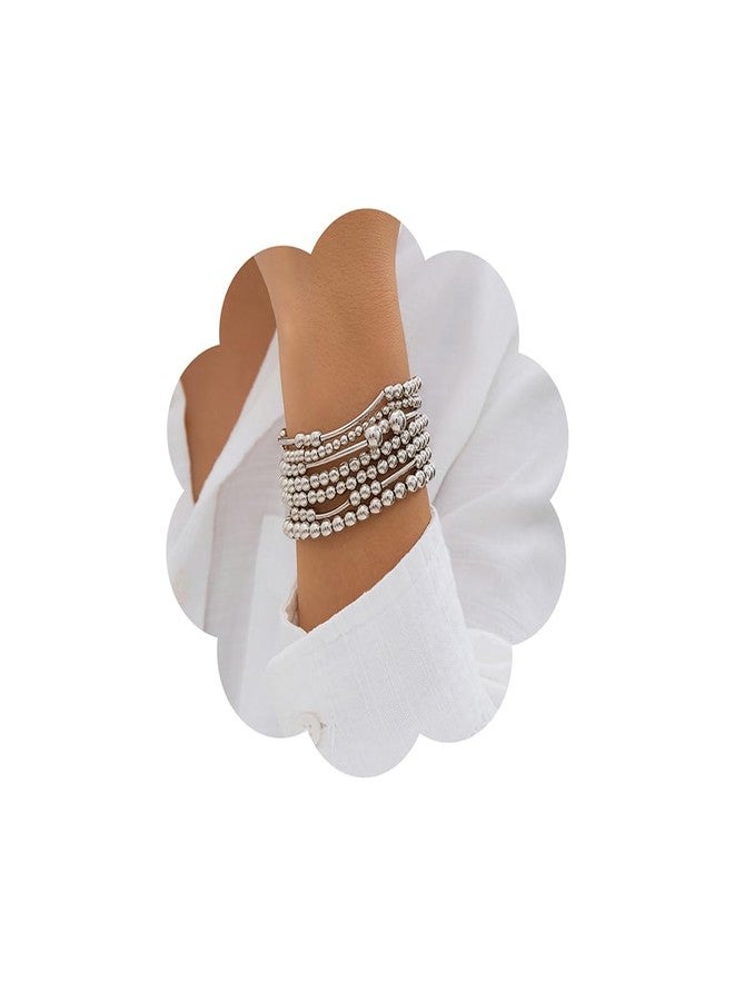 Chargances Bohemian Silver Beaded Bracelets Stackable Stretch Bead Ball Bracelet Multi Layer Elastic Plated Bracelet Jewelry for Women (Style 1) - Image 1