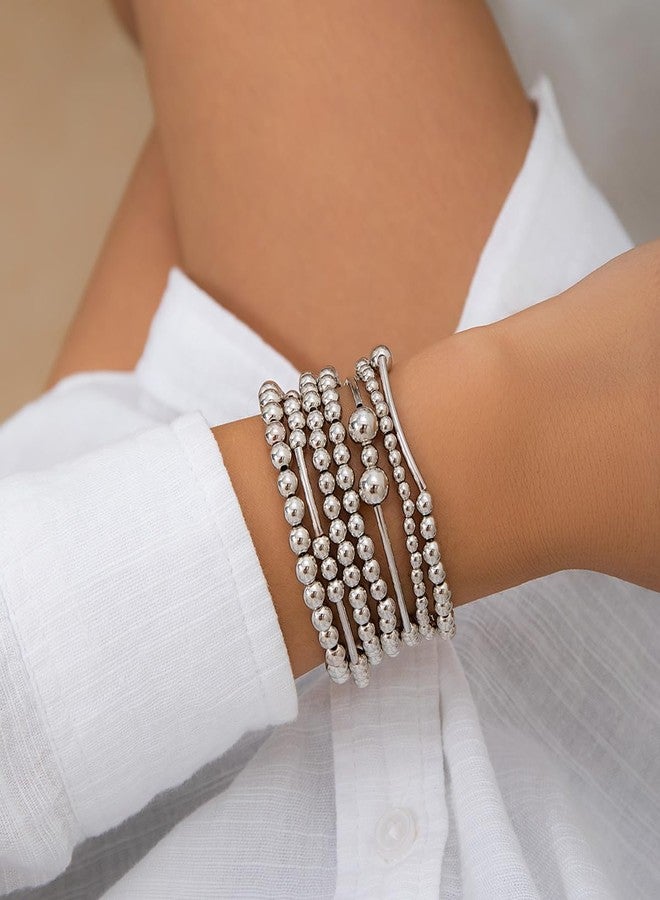 Chargances Bohemian Silver Beaded Bracelets Stackable Stretch Bead Ball Bracelet Multi Layer Elastic Plated Bracelet Jewelry for Women (Style 1) - Image 3