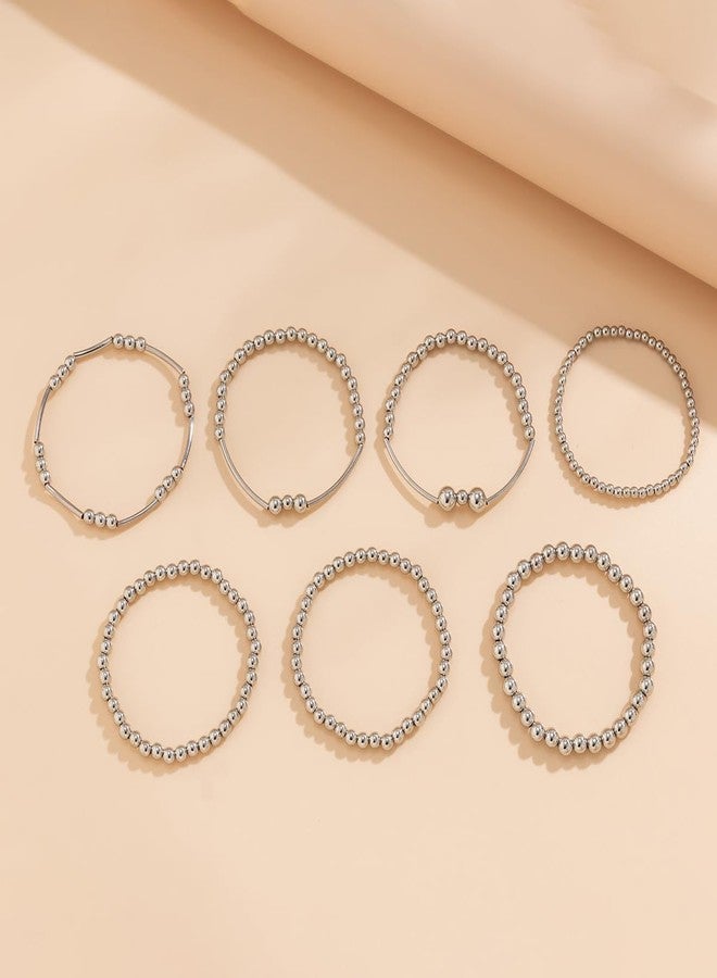 Chargances Bohemian Silver Beaded Bracelets Stackable Stretch Bead Ball Bracelet Multi Layer Elastic Plated Bracelet Jewelry for Women (Style 1) - Image 4