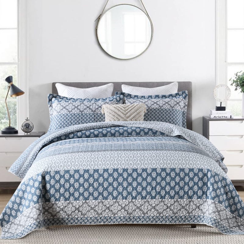 PERHOM Quilt King Size  100 LongStaple Cotton Lightweight King Quilt Set Blue Gray Striped Quilt Bedding Set for King Bed Farmhouse Floral Patchwork Reversible Bedspreads All Seasons 3 Pieces