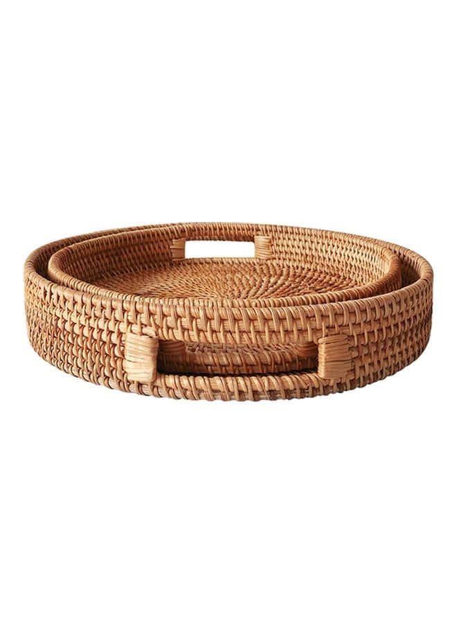 Loquat 2-Piece Round Woven Serving Tray with Handles Brown 42cm - Image 1