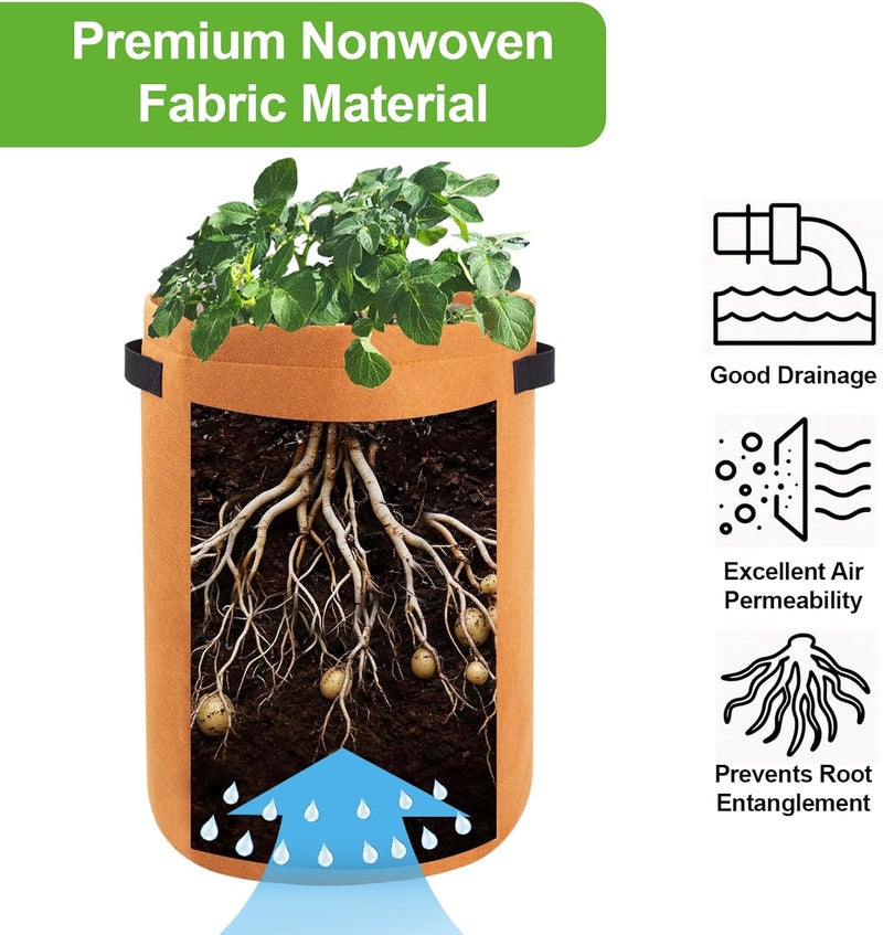 Homyhoo 4 Pack Potato Growing Bag with Flap 10 Gallon Planter Pots with Handles and Harvest Window for Potato Tomato and Vegetables, Black Green Orange and Beige - Image 2