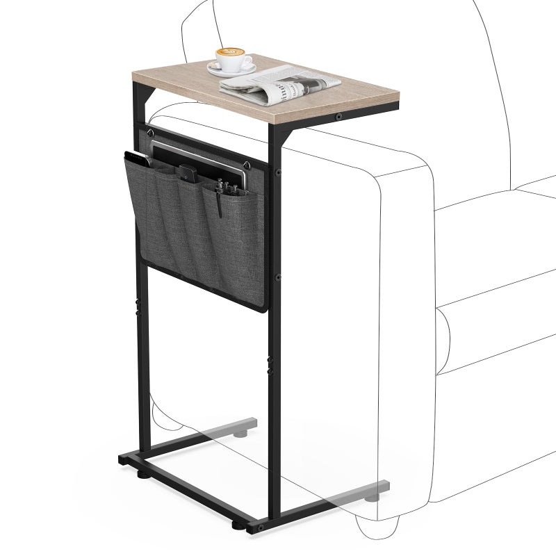 Vantic C Shaped End Table, Small Side Table for Couch and Recliner, Slide Under Sofa Tray Desk with Storage Bag for Living Room and Bedroom, Greige - Image 1