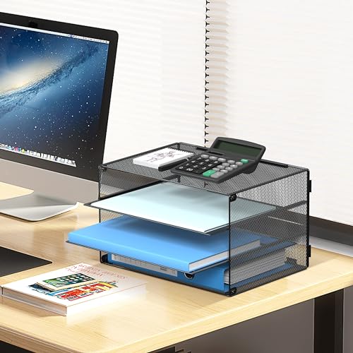 DALTACK 3 Tier Letter Tray Paper Organizer Mesh Metal Desk File Organizer for Home & Office Organization, 2 Pack Black - Image 5