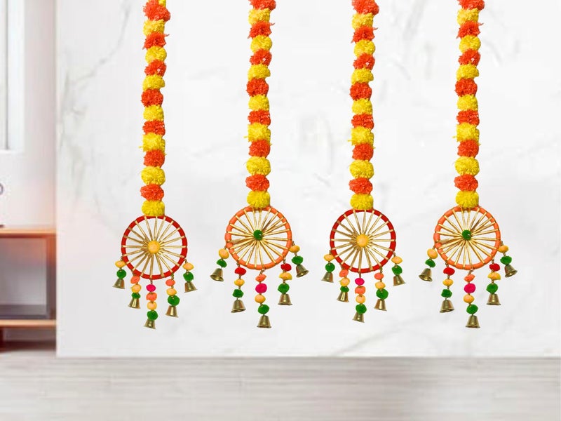DRYPHON Artificial Marigold Flowers with Pom Pom Ring Bell Hanging Garlands for Home, Diwali & Wedding Decoration (Pack of 4) - Image 1