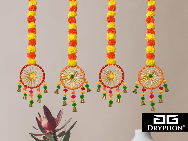 DRYPHON Artificial Marigold Flowers with Pom Pom Ring Bell Hanging Garlands for Home, Diwali & Wedding Decoration (Pack of 4) - Image 5