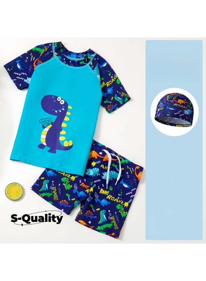 S-Quality 3 Piece Kids Swimsuit Set with Swim Cap, Toddler Boys Dinosaur Print Swimwear, Short Sleeve Top and Swimming Trunks, Beachwear Bathing Suit for Summer, Blue/Multicolor - Image 2