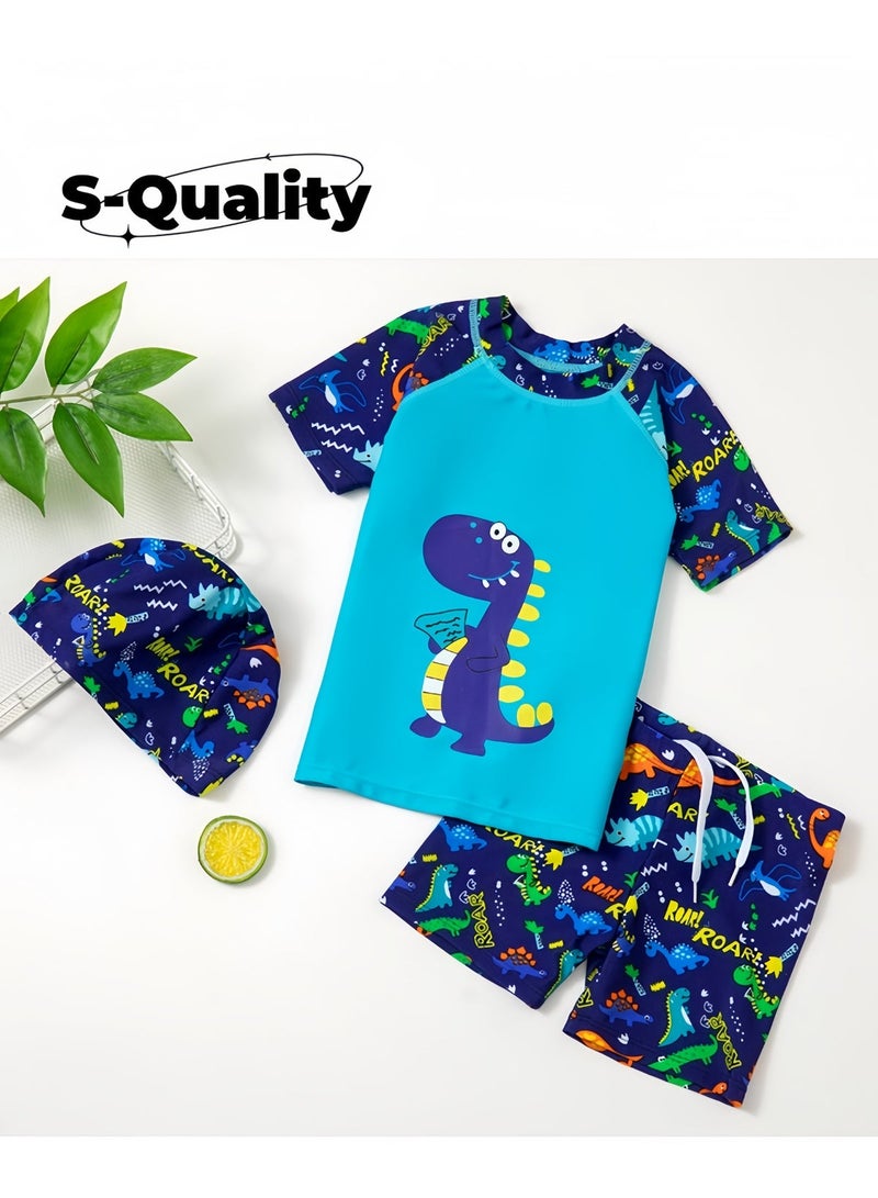 S-Quality 3 Piece Kids Swimsuit Set with Swim Cap, Toddler Boys Dinosaur Print Swimwear, Short Sleeve Top and Swimming Trunks, Beachwear Bathing Suit for Summer, Blue/Multicolor - Image 1