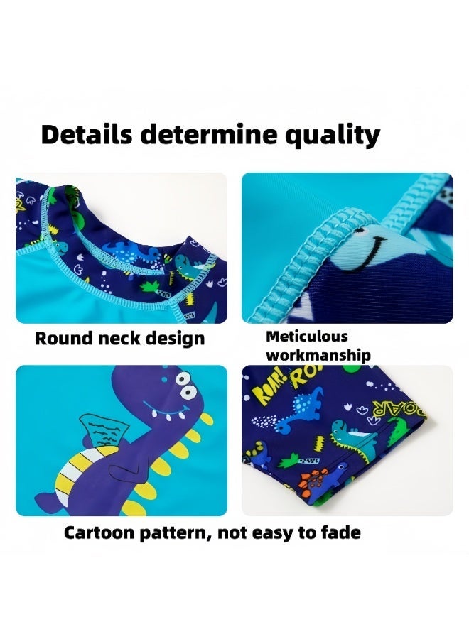 S-Quality 3 Piece Kids Swimsuit Set with Swim Cap, Toddler Boys Dinosaur Print Swimwear, Short Sleeve Top and Swimming Trunks, Beachwear Bathing Suit for Summer, Blue/Multicolor - Image 5