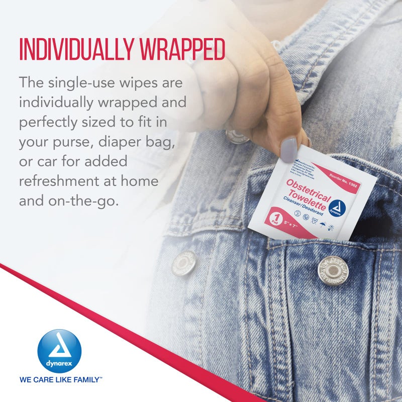 Dynarex 1302 Obstetrical Towelette, Benzalkonium Chloride Wipes with 5% Alcohol, Pre-Moistened, Scented & Individually Wrapped Sanitizing Wipe, 5" x 7", Pack of 100 - Image 5