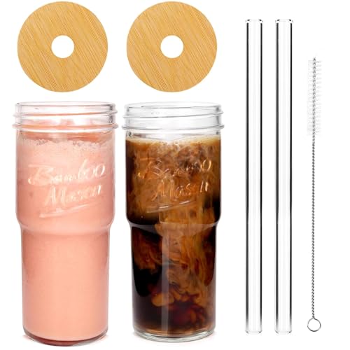 ANOTION Glass Cups with Lids and Straws 2 Packs, 24oz Travel Coffee Mug Wide Mouth Bamboo Mason Jar Iced Coffee Cup Smoothie Cup Glass Tumbler Tea Cup Clear Cute Water Cups Drinking Jars Glasses - Image 1