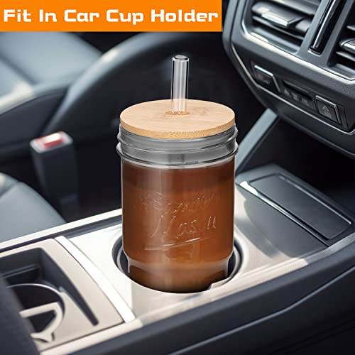 ANOTION Glass Cups with Lids and Straws 2 Packs, 24oz Travel Coffee Mug Wide Mouth Bamboo Mason Jar Iced Coffee Cup Smoothie Cup Glass Tumbler Tea Cup Clear Cute Water Cups Drinking Jars Glasses - Image 3