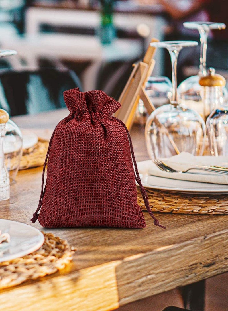 KASTWAVE 25 Pieces Burlap Drawstring Gift Bags Jute Burlap Drawstring Pouch Burlap Wedding Favor Bag Advent Calendar Treat Storage Bag Small Present Reusable Candy Goody Wrap Bags Wine Red  - Image 3