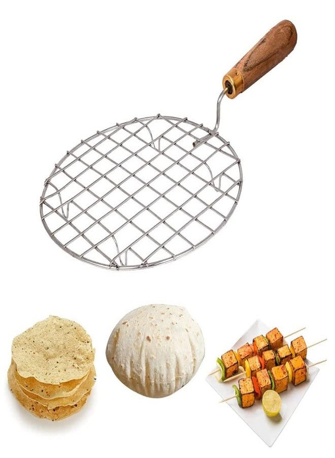 Sky Stainless Steel Round Papad Jali/Roti Roast Grill/Papad Roast Grill with Barbeque (BBQ) Grill Wooden Handle (Silver), Standard - Image 4