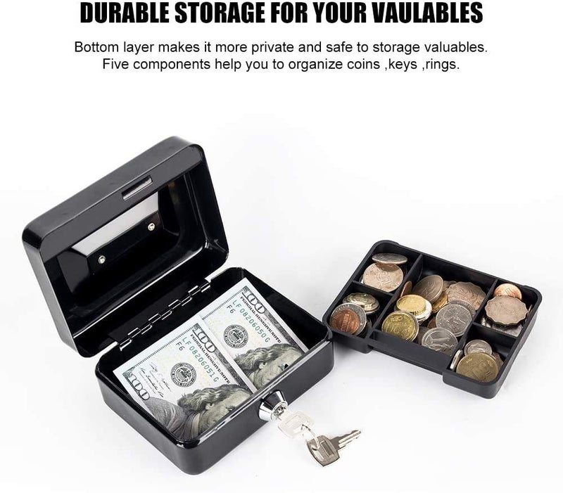 xydled Locking Steel Mini Cash Box with Removable Coin Tray and Key Lock for Kids,4.92" x 3.74" x 2.36",Black - Image 4