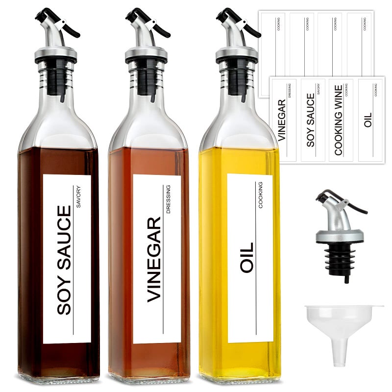 GMISUN Olive Oil Dispenser And Vinegar Bottle 3 Pack 17oz For Kitchen Glass Cooking Oil Container Cruet with Pourer Spout Funnel And Labels Clear